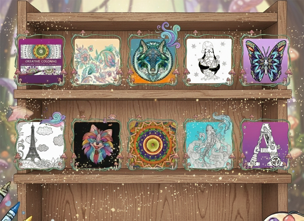 Diverse coloring pages on a wooden shelf: mandala, animals, Eiffel Tower, butterfly. Find your next printable coloring page.