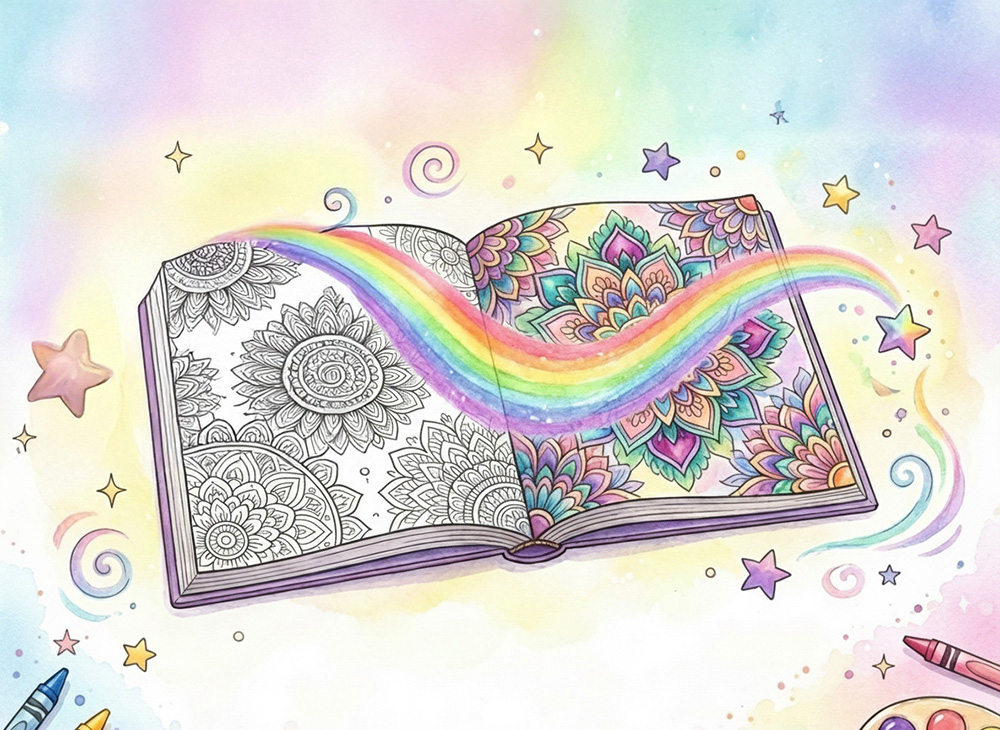 Mandala coloring book, half colored with rainbow. Free printable adult mandala coloring page.