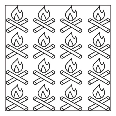 Grid pattern of 16 campfire icons, black and white line art. Repeat design of bonfires, camping and outdoor symbols.