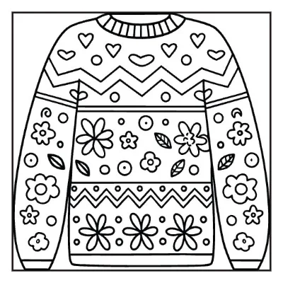 Ugly Christmas sweater coloring page with hearts, flowers, and zig-zag patterns for kids activity sheets.