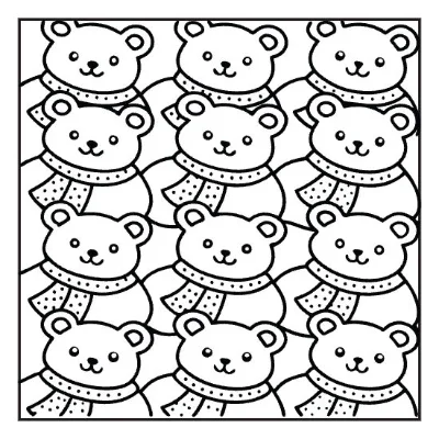 A repeating pattern coloring page of many cute teddy bears with scarves.