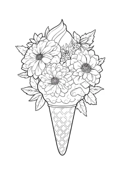 Ice cream cone overflowing with a bouquet of flowers and leaves, line art coloring page, floral dessert design.