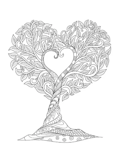 Heart-shaped tree coloring page with intricate leaves and swirling patterns on the trunk and roots.