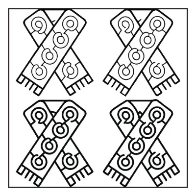 Four crossed ribbons with circular patterns in a geometric, black and white line art style for a coloring page.