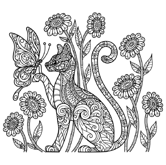 Cat coloring page with intricate patterns
