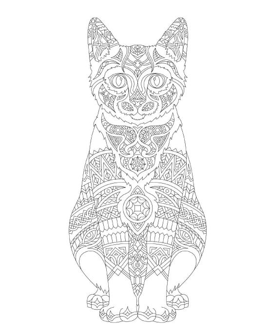 Cat coloring page with relaxing scenes
