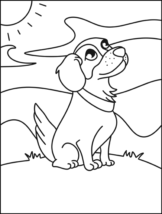 Adorable cartoon dog coloring page, looking up at the sun.