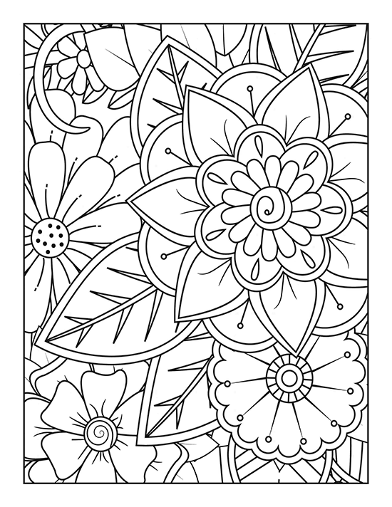 Free blooming flowers coloring page, printable floral design for adults and kids.