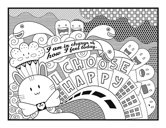 Cartoon coloring page: cute bunny, cupcake, and "Choose Happy" quote for printable joy.
