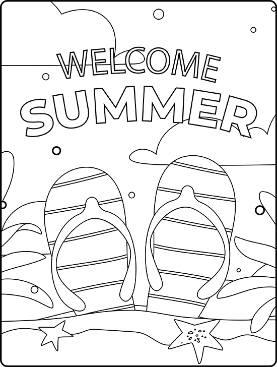 Welcome Summer coloring pages with flip-flops, starfish, and clouds. Free printable cartoon design.