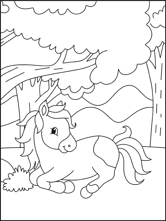 Playful horse cartoon coloring pages. Cute foal resting under trees, forest background.