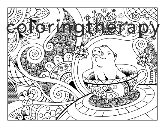 Trippy coloring page preview tea cup pig