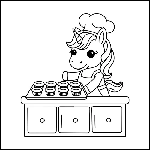 A happy unicorn baking cupcakes for their friends