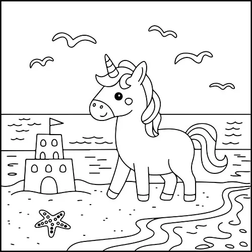 A happy unicorn enjoying a stroll at the beach