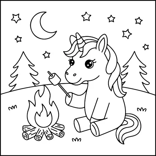 A happy unicorn roasting marshmallows in the night sky
