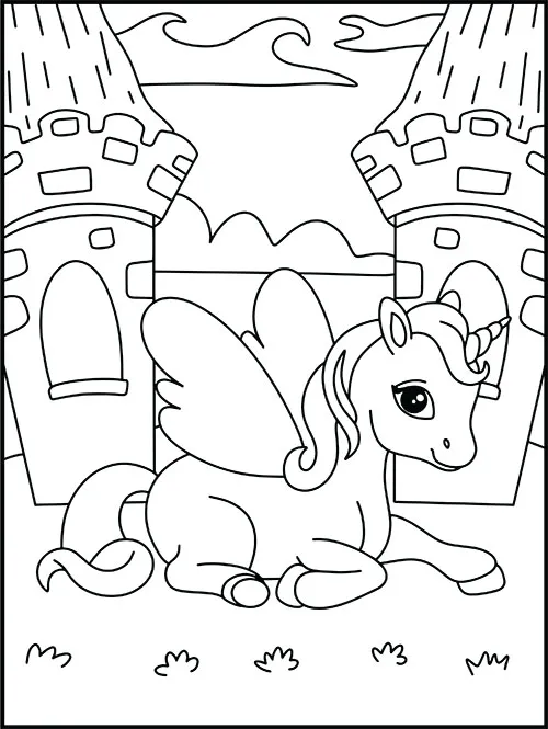 A young unicorn relaxing in the sun outside a castle