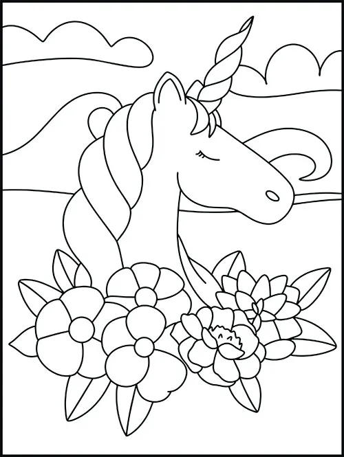 A beautiful unicorn artwork combined with flowers for coloring