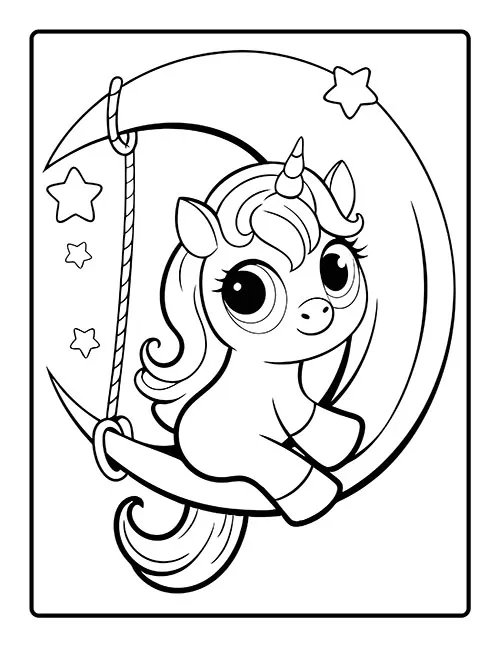 A cute unicorn riding on a crescent moon smiling and happy