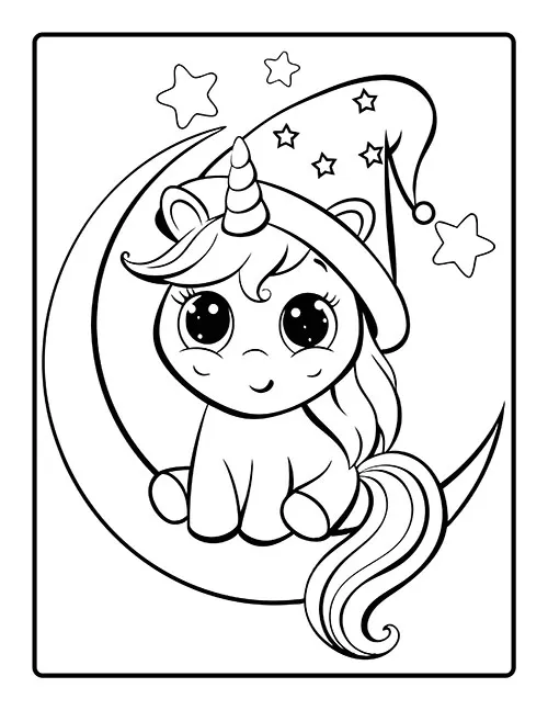 A cute unicorn riding on a crescent moon wearing a magical hat