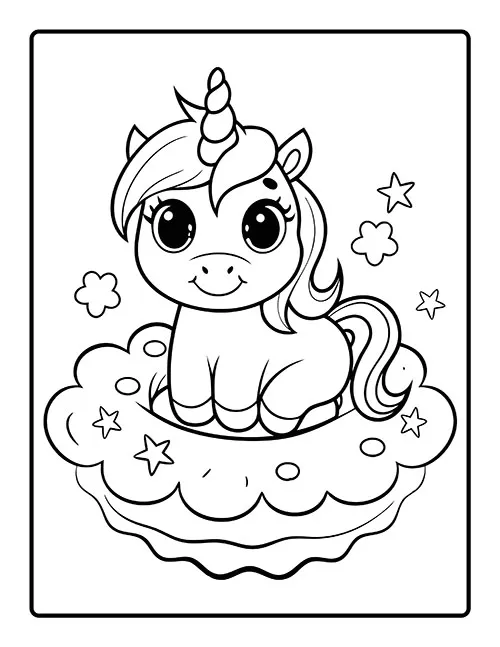 A cute unicorn sitting in a little bed made with clouds and stars