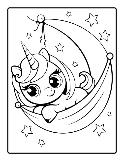 A cute unicorn relaxing on a crescent moon smiling and happy