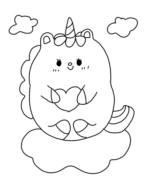 A little unicorn holding a heart bouncing on a cloud