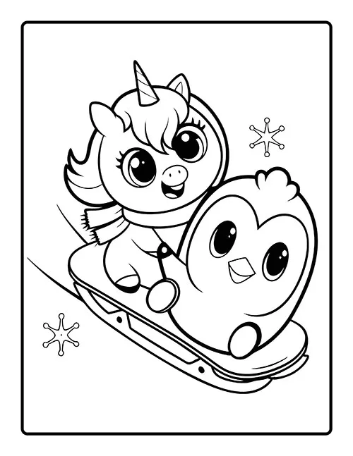 A cute unicorn riding a sled with a penguin laughing with joy