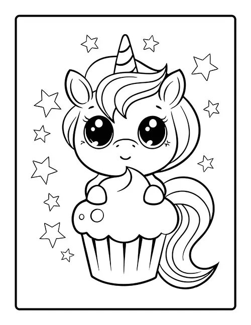 A cute unicorn holding a big cupcake with stars around