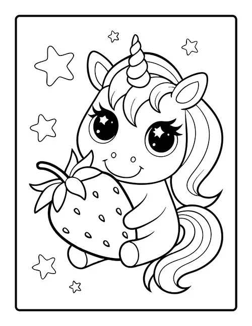 A cute unicorn holding a big strawberry with stars around