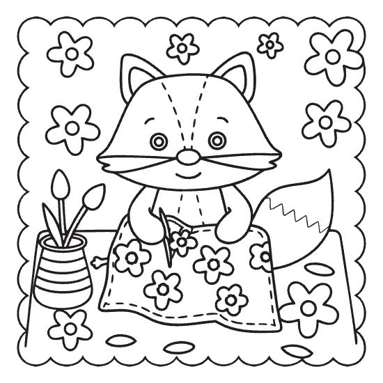 Bold and easy fox coloring page crafting a floral blanket. Simple, fun animal coloring page for kids.