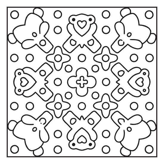 Bold, easy coloring page with cute teddy bears, clover shapes, and circles. Fun preschool coloring activity.
