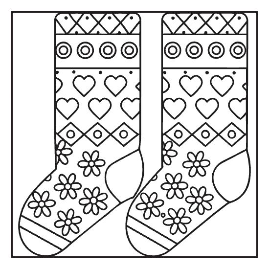 Bold and easy coloring page of two decorative socks with hearts and flowers, perfect for beginners and kids.