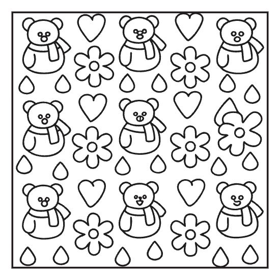 Bold and easy coloring page with cute teddy bears, flowers, hearts, and raindrops. Fun kids' activity.