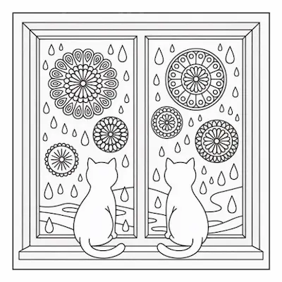 Bold and easy coloring page featuring two cozy cats watching rain outside a window with mandala designs, perfect for a cozy home feel.