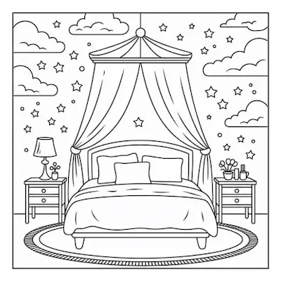 Bold and easy coloring page showcasing a spacious, canopied bed with side tables and a rug, for a cozy home interior.