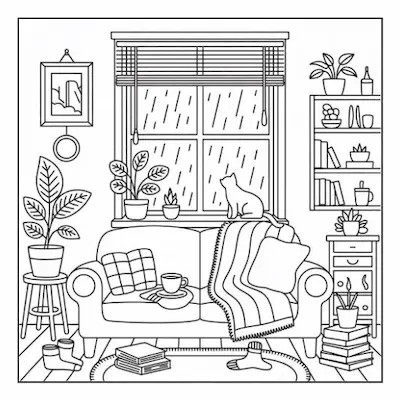 Bold and easy coloring page of a cozy home interior with potted plants, a couch, and a cat watching the rain.