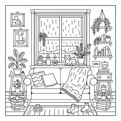 Bold and easy coloring page featuring a sofa with plants, a window view, and kittens in a cozy home setting.