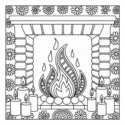 Bold and easy coloring page featuring a cozy fireplace decorated with candles and daisy patterns, ideal for a warm home atmosphere.