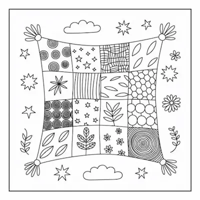 Bold and easy coloring page featuring a square patterned quilt surrounded by stars and clouds, for a whimsical, cozy home design.
