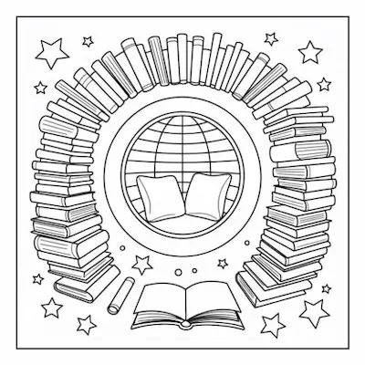 Bold and easy coloring page showcasing a cozy window seat encircled by an arch of books, an inviting home reading spot.