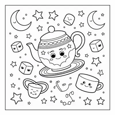 Bold and easy coloring page with a friendly teapot, teacups, and marshmallow characters, ideal for a cheerful and cozy home setting.