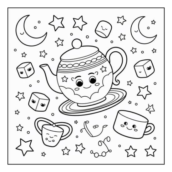 Cozy house coloring pages for adults: a cute teapot, teacups, sugar, marshmallows, moons, and stars.