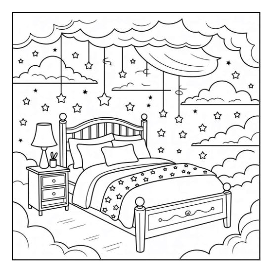 Cozy bedroom coloring pages with bed, nightstand, and floating stars. Charming adult coloring activity.