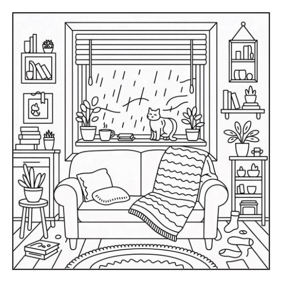 Cozy house coloring pages for adults: a cat by the window and a comfy sofa.
