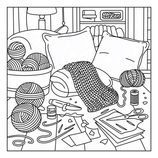 Cozy house coloring page for adults with knitting, yarn, pillows, and crafting supplies.