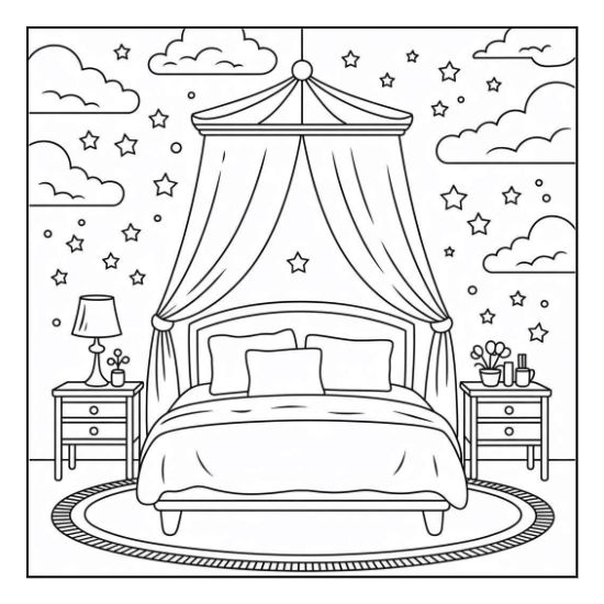 Cozy bedroom with canopy bed, nightstands, and celestial decor. Ideal for house coloring pages for adults.