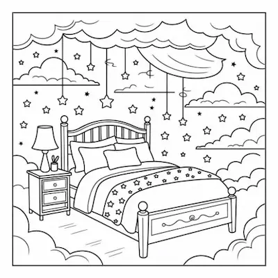 Bold and easy coloring page depicting a cozy bedroom with clouds and hanging stars, creating a dreamy home atmosphere.