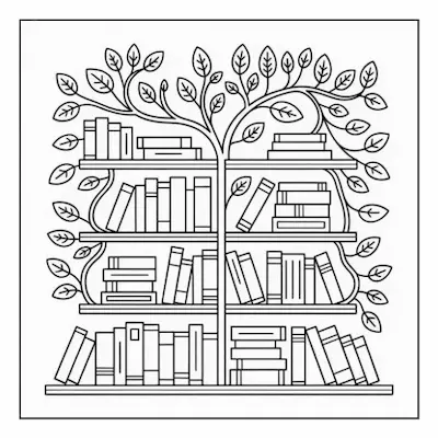 Bold and easy coloring page featuring a unique tree bookshelf filled with books, bringing a natural feel to a cozy home scene.