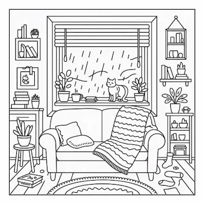Bold and easy coloring page illustrating a cozy room with a cat on the windowsill watching the rain, perfect for a home ambiance.