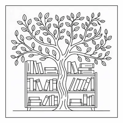 Bold and easy coloring page with a tree-shaped bookcase filled with books, offering a unique element to a cozy living space.